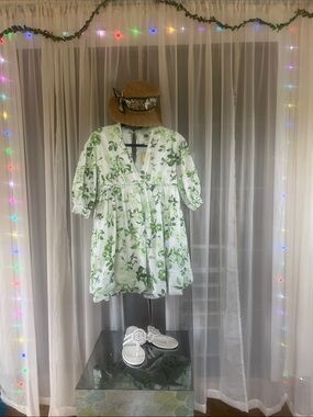 Maeve White Mini Dress with Green Leaf Print